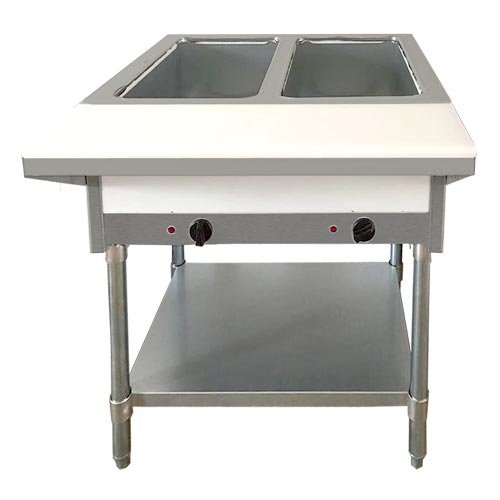 Commercial 2 Pan Capacity Open Well Propane Steam Table with Cutting Board and Undershelf 47362