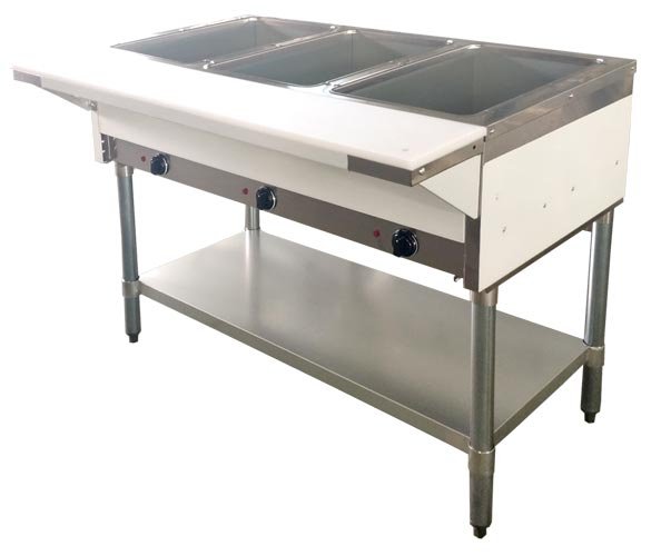 Commercial 3 Pan Capacity Open Well Propane Steam Table with Cutting Board and Undershelf 47363