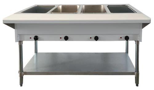 Commercial 4 Pan Capacity Open Well Propane Steam Table with Cutting Board and Undershelf 47364