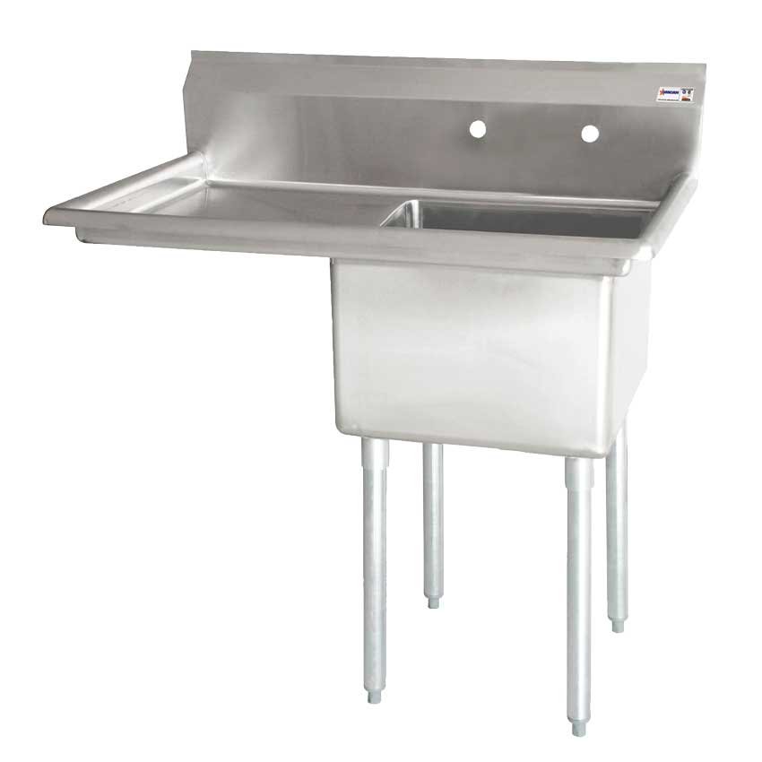 Omcan One Tub Sink with 1.8″ Corner Drain and Left Drain Board 24″ x 24″ x 14″ 25253