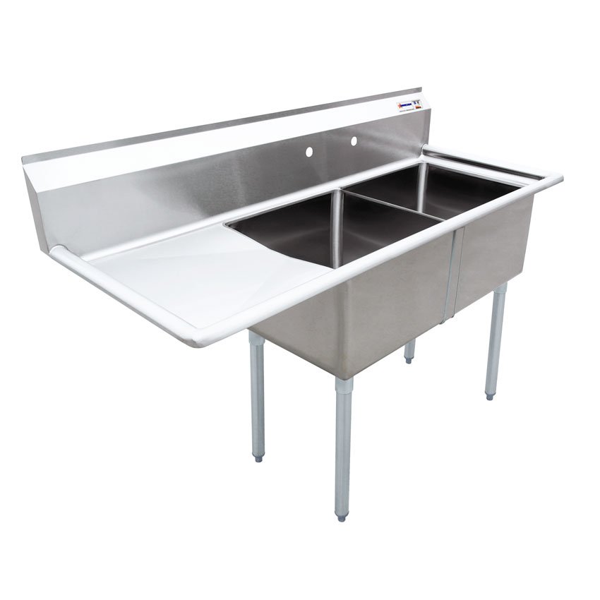 Omcan Two Tub Sink with 1.8″ Corner Drain and Left Drain Board 18″ x 18″ x 11″ 25250