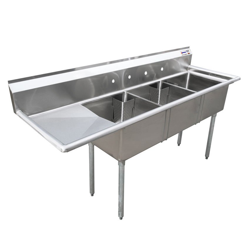 Omcan Three Tub Sink with 1.8″ Corner Drain and Left Drain Board 24″ x 24″ x 14″ 25259