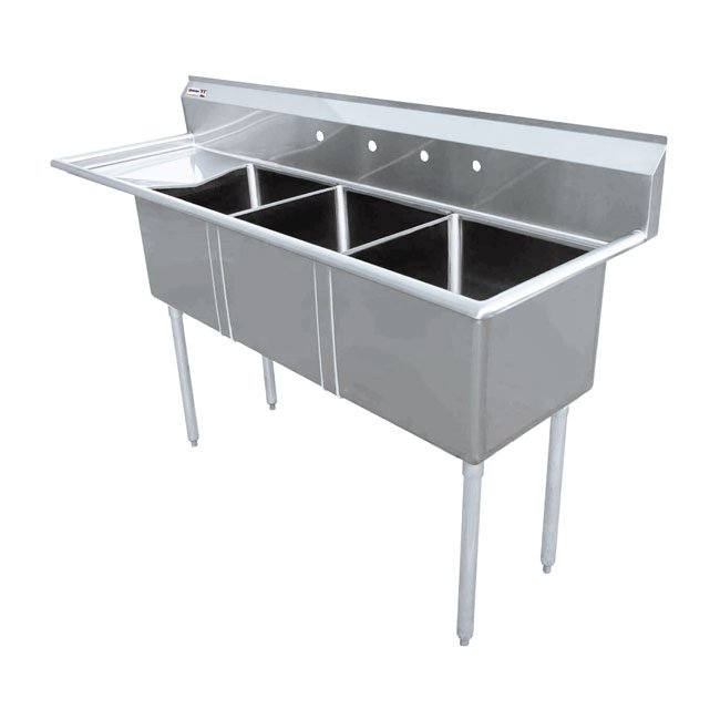 Omcan Stainless Steel Three Tub Sink with 3.5″ Center Drain and Left Drain Board 24″ x 24″ x 14″ 43786