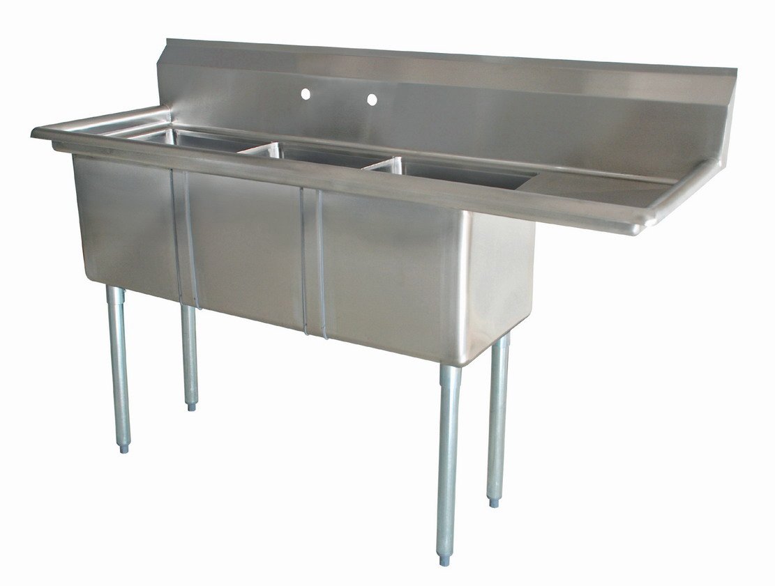 Omcan Three Tub Sink with 1.8″ Corner Drain and Right Drain Board 18″ x 21″ x 14″ 52572