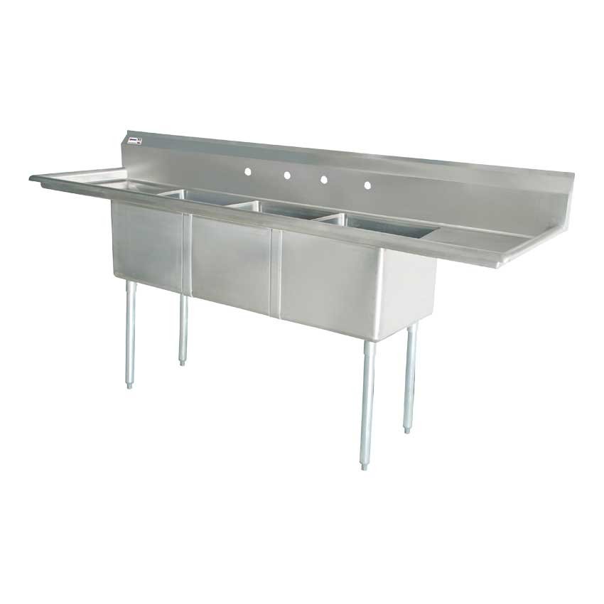 Omcan Three Tub Sink with 1.8″ Corner Drain and Two Drain Boards 18″ x 21″ x 14″ 25273