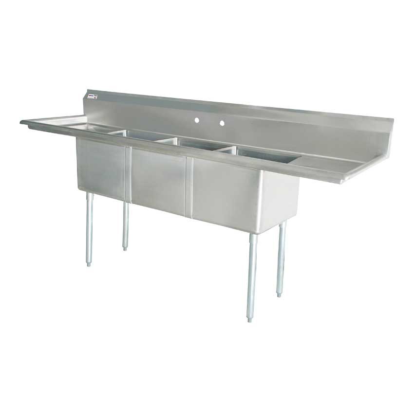 Omcan Three Tub Sink with 1.8″ Corner Drain and Two Drain Boards 18″ x 18″ x 11″ 22117