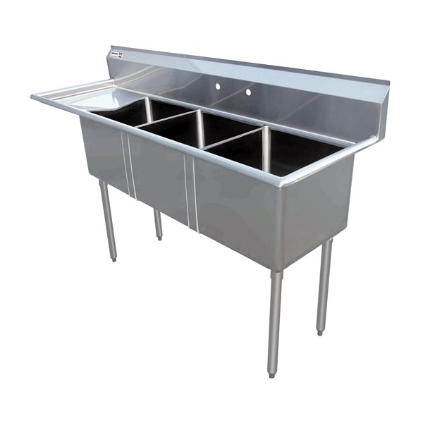 Omcan Three Tub Sink with 3.5″ Center Drain and Left Drain Board 10″ x 14″ x 10″ 43755