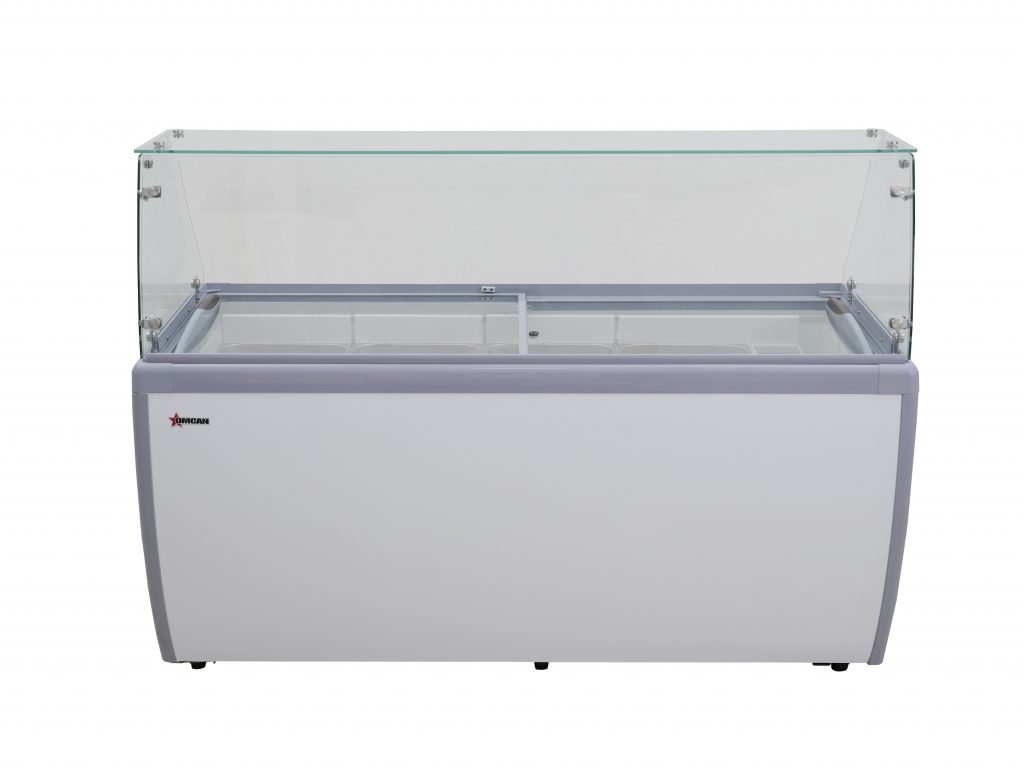 Omcan Thirteen Pan Gelato Dipping Cabinet 71″ with Flat Sneeze Guard and Pans 47744