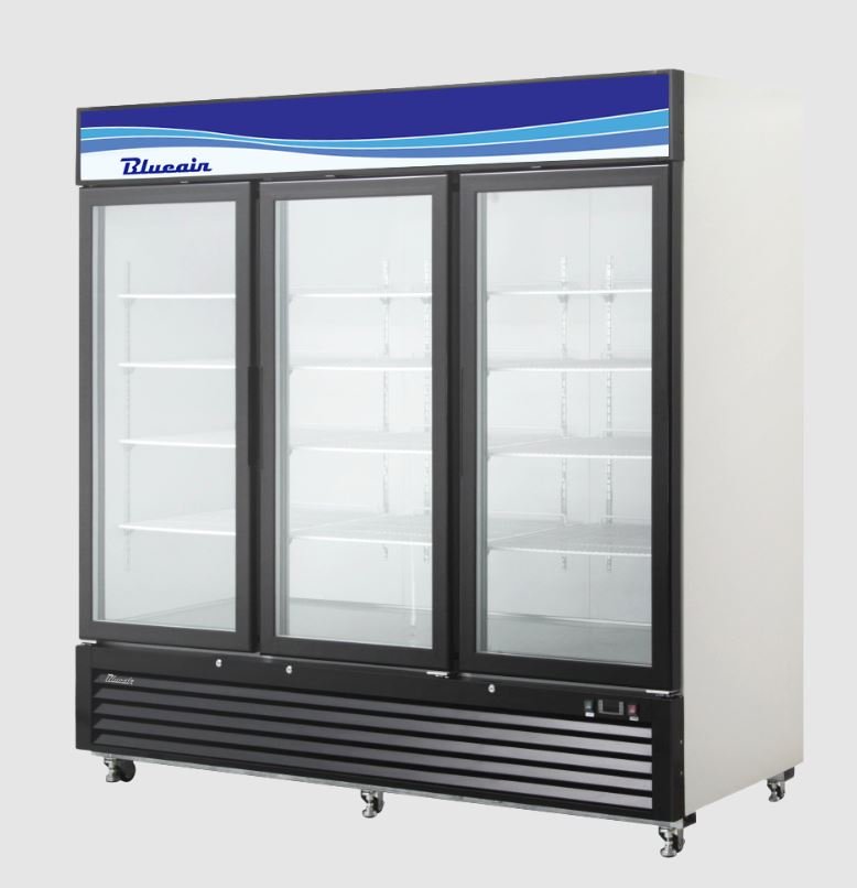 Glass 3 Door Blue Air 72 CuFt Reach In Merchandiser Refrigerator BKGM72-HC