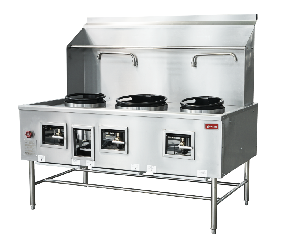 Three Chamber Wok Range with 2 x 13″ & 16″ Rings, Backsplash, Faucet, 315,000 BTU – Natural Gas 48409