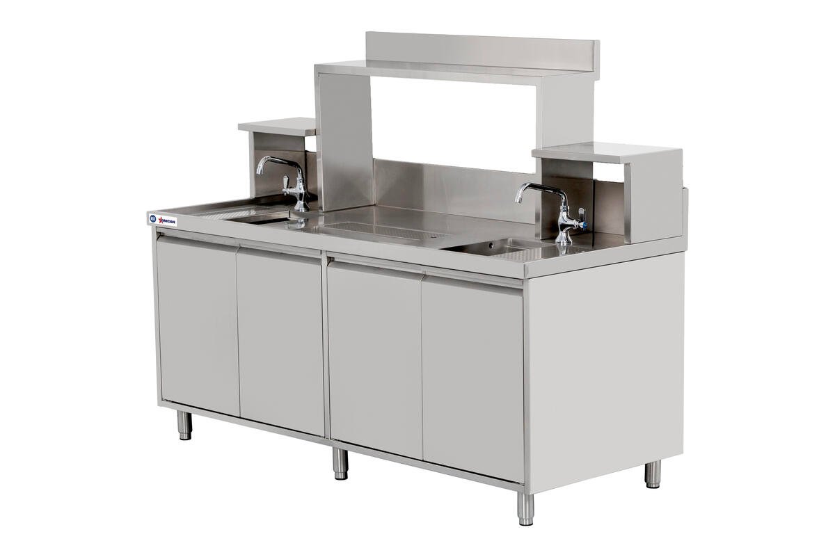 72” x 30” x 34” Bubble Tea Station with 6” Backsplash, Two 15” x 15” x 10” Sinks, Drainage Panels & Overshelves 48405