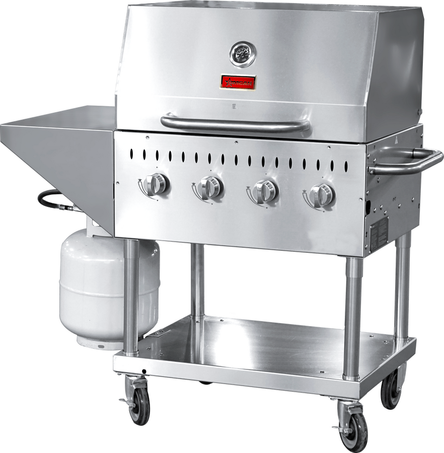 Stainless Steel Commercial Propane Outdoor BBQ Grill, 4 Burners, 64000BTU, Top And Side Shelf, 1 Roll Dome 47352