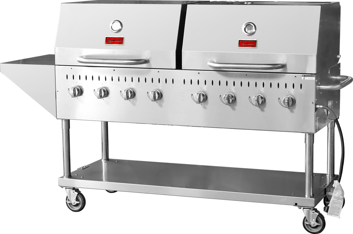 Stainless Steel Commercial Propane Outdoor BBQ Grill, 8 Burners, 128000BTU, Top And Side Shelf, 2 Roll Domes 47353