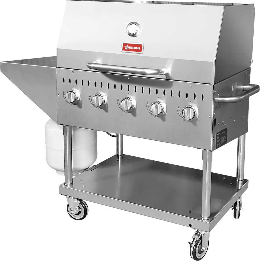 Stainless Steel Commercial Propane Outdoor BBQ Grill with 5 Burners, Top and Side Shelf and Roll Dome, 80000 BTU 47840