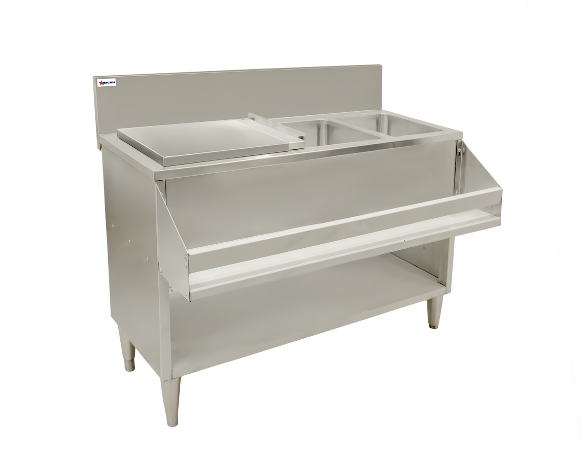 48″ Cocktail Mix Unit with 7″ Back Splash, 32″ x 12″ x 10″ Ice Bin with Sliding Cover, and 10″ x 12″ x 10″ Sinks 48138