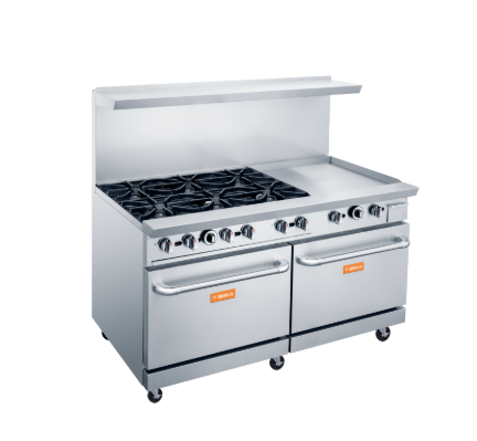 60” Wide 24" Griddle and 6 Burner Stove Top with Double Oven LPG or NG Range Oven BGR-6B-G24