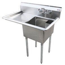 Omcan One Tub Sink with 1.8″ Corner Drain and Left Drain Board 18″ x 21″ x 14″ 25263