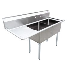Omcan Two Tub Sink with 1.8″ Corner Drain and Left Drain Board 18″ x 18″ x 11″ 25250