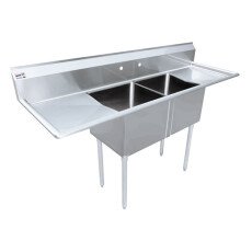 Omcan Two Tub Sink with 1.8″ Corner Drain and Two Drain Boards 18″ x 21″ x 14″ 25269