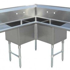 Omcan Three Tub Sink with Two Drain Boards and Corner Sink 18″ x 18″ x 14″ 43073