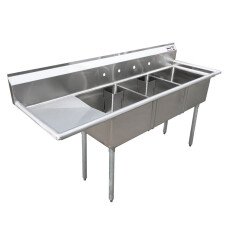 Omcan Three Tub Sink with 1.8″ Corner Drain and Left Drain Board 24″ x 24″ x 14″ 25259