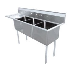 Omcan Stainless Steel Three Tub Sink with 3.5″ Center Drain and Left Drain Board 24″ x 24″ x 14″ 43786