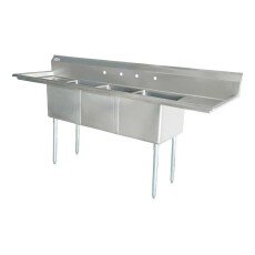 Omcan Three Tub Sink with 1.8″ Corner Drain and Two Drain Boards 18″ x 21″ x 14″ 25273
