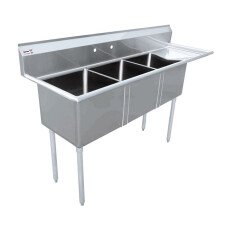 Omcan Three Tub Sink with 3.5″ Center Drain and Right Drain Board 18″ x 21″ x 14″ 43777
