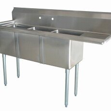 Omcan Three Tub Sink with 1.8″ Corner Drain and Right Drain Board 18″ x 18″ x 11″ 22116