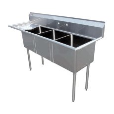 Omcan Three Tub Sink with 3.5″ Center Drain and Left Drain Board 10″ x 14″ x 10″ 43755