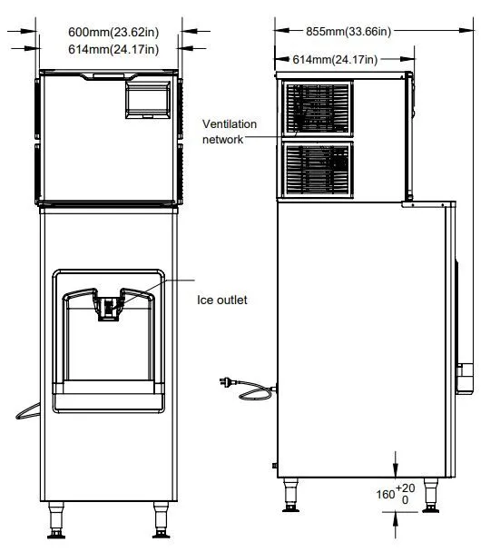 Commercial Hotel Ice Machine with Dispenser 22″ Wide 170 lb. (77 kg.) Bin Capacity, Ice Yield 350 lbs / 24 hours – 48349