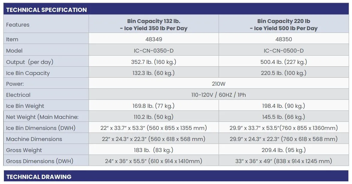 Commercial Hotel Ice Machine with Dispenser 22″ Wide 170 lb. (77 kg.) Bin Capacity, Ice Yield 350 lbs / 24 hours – 48349